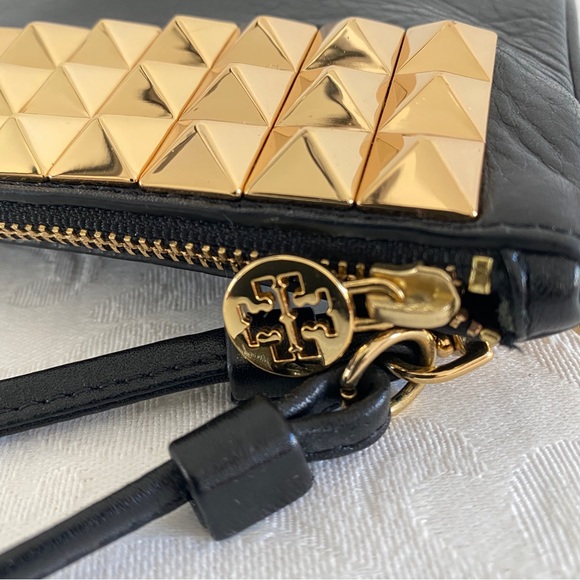 Tory Burch Black Wristlet with Gold Pyramid Studs